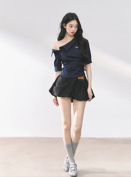 Off-Shoulder Shirt Blouse - Navy
