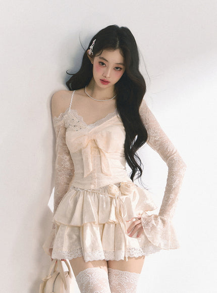 Apricot Tiered Lace Mini Skirt