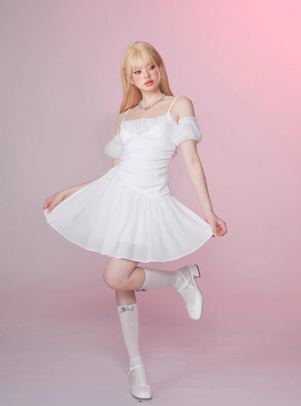 White Off-Shoulder Ruched Dress
