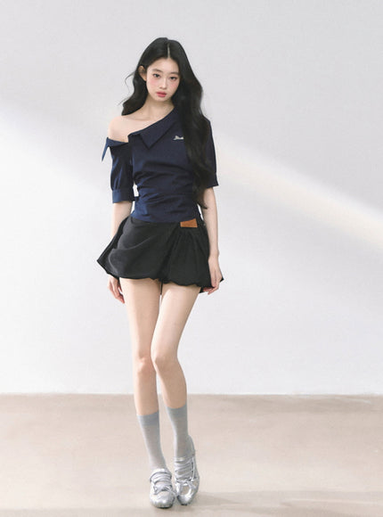 Off-Shoulder Shirt Blouse - Navy