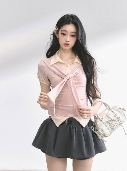 Layered Knit Tie Shirt - Pink