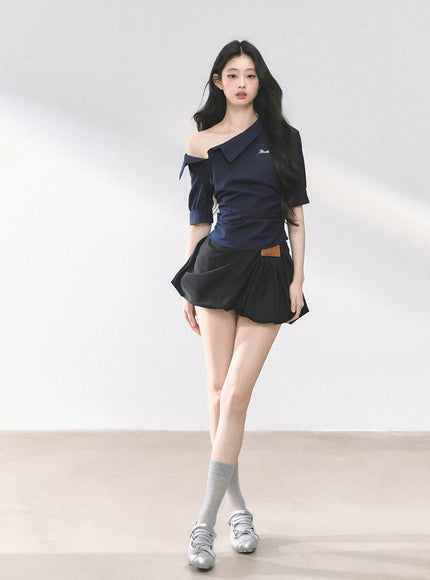 Off-Shoulder Shirt Blouse - Navy