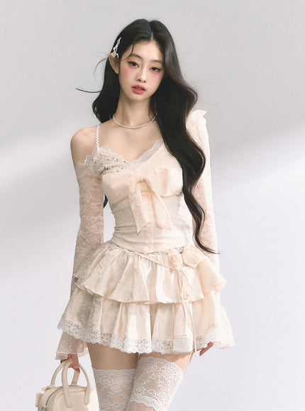 Apricot Tiered Lace Mini Skirt
