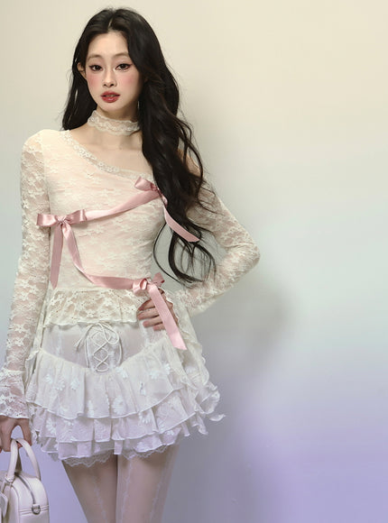White Lace-Up Tiered Lace Skirt