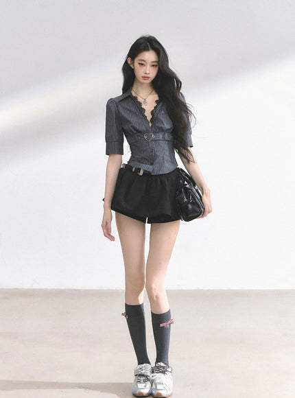 Heart Buckle Stripe Blouse -Black
