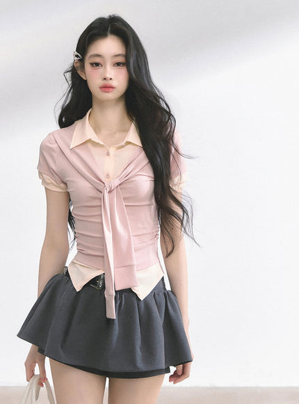 Layered Knit Tie Shirt - Pink