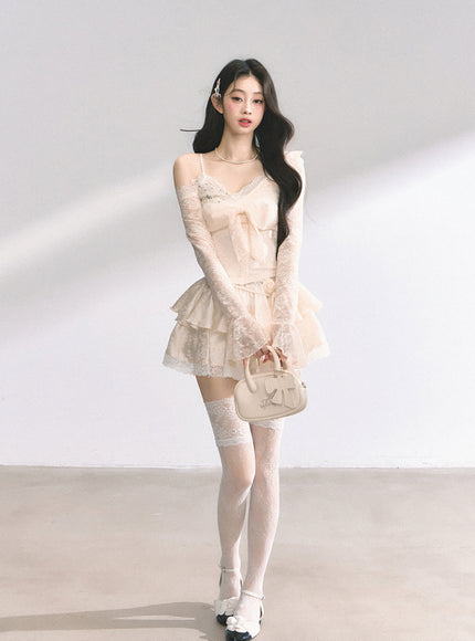 Apricot Tiered Lace Mini Skirt