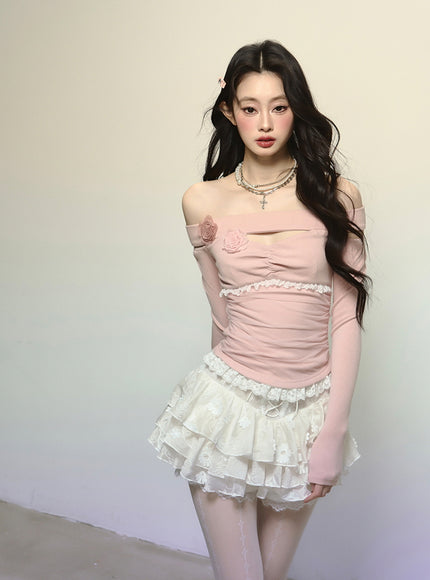White Lace-Up Tiered Lace Skirt