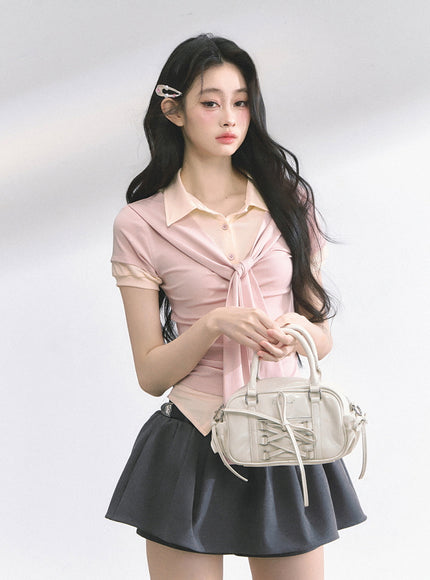 Layered Knit Tie Shirt - Pink