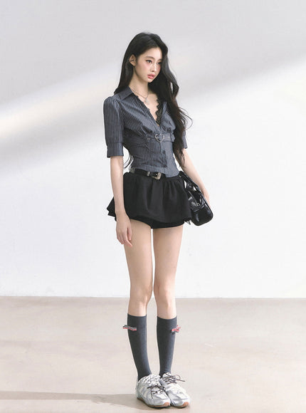 Heart Buckle Stripe Blouse -Black
