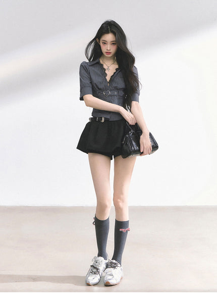 Heart Buckle Stripe Blouse -Black