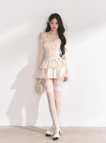 Apricot Tiered Lace Mini Skirt
