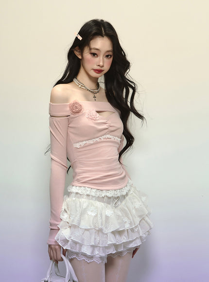 White Lace-Up Tiered Lace Skirt
