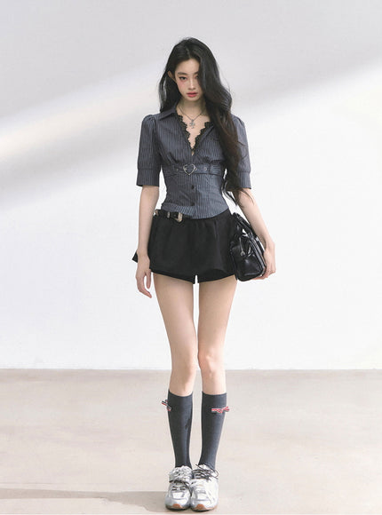 Heart Buckle Stripe Blouse -Black