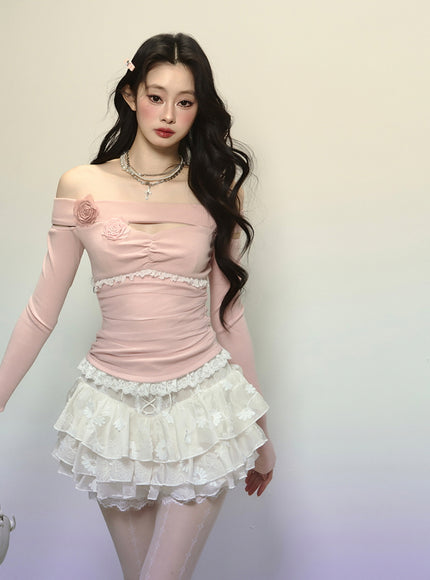White Lace-Up Tiered Lace Skirt