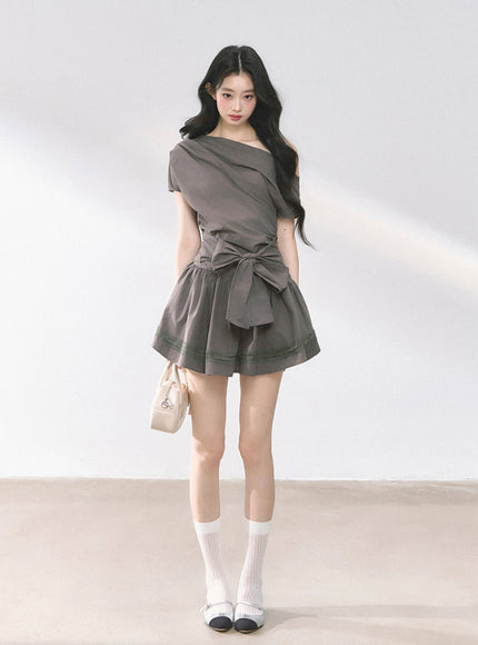 Graceful Ribbon Waist Dress - Gray