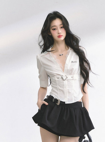 Heart Buckle Stripe Blouse - White