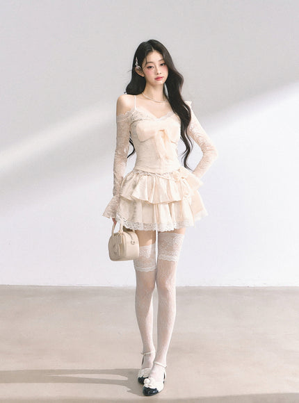 Apricot Tiered Lace Mini Skirt