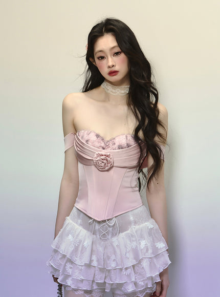 White Lace-Up Tiered Lace Skirt