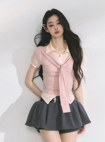 Layered Knit Tie Shirt - Pink