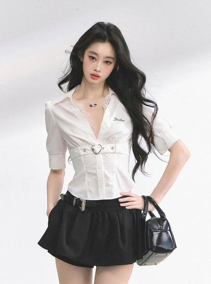Heart Buckle Stripe Blouse - White