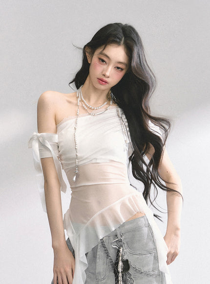 White Sheer Layered Off-Shoulde Top