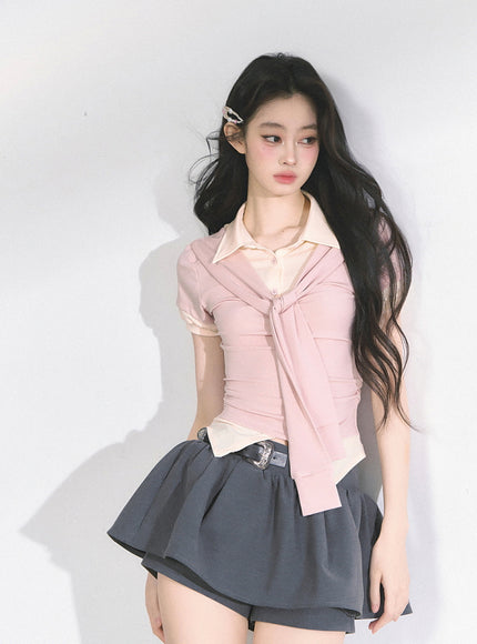 Layered Knit Tie Shirt - Pink