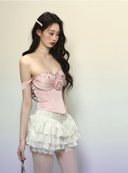 White Lace-Up Tiered Lace Skirt
