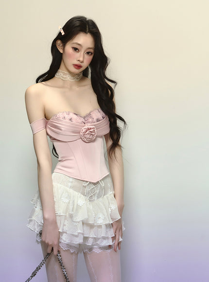 White Lace-Up Tiered Lace Skirt