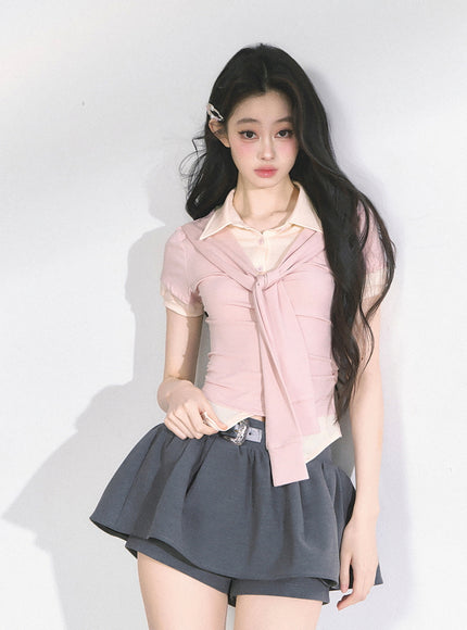 Layered Knit Tie Shirt - Pink