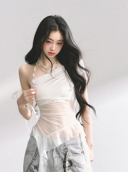 White Sheer Layered Off-Shoulde Top