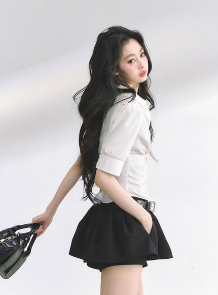 Heart Buckle Stripe Blouse - White