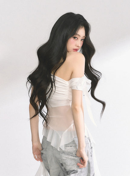 White Sheer Layered Off-Shoulde Top