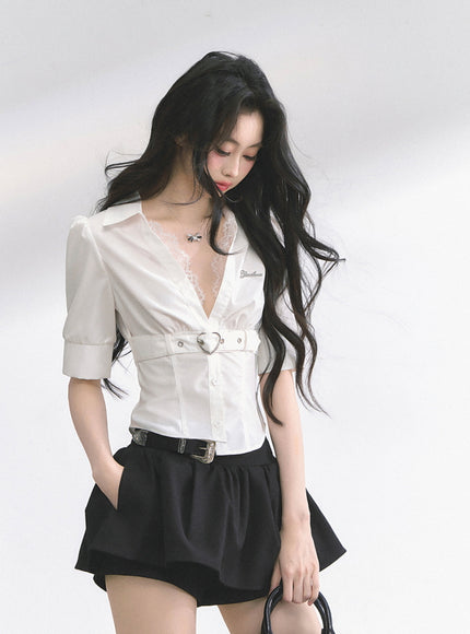 Heart Buckle Stripe Blouse - White