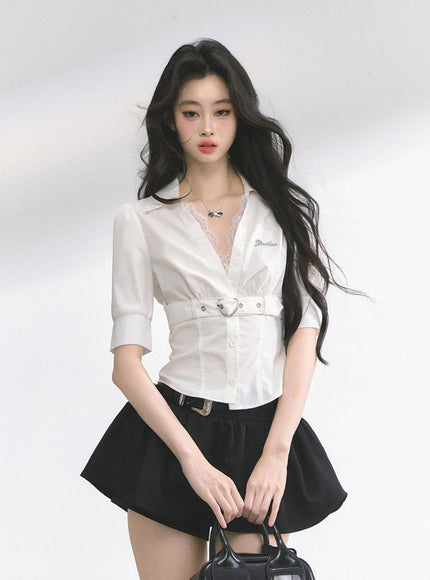 Heart Buckle Stripe Blouse - White