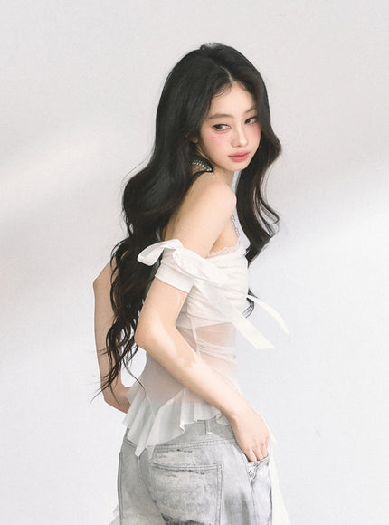White Sheer Layered Off-Shoulde Top