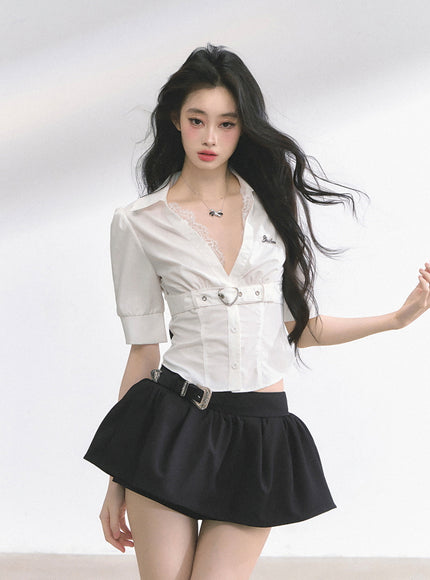 Heart Buckle Stripe Blouse - White