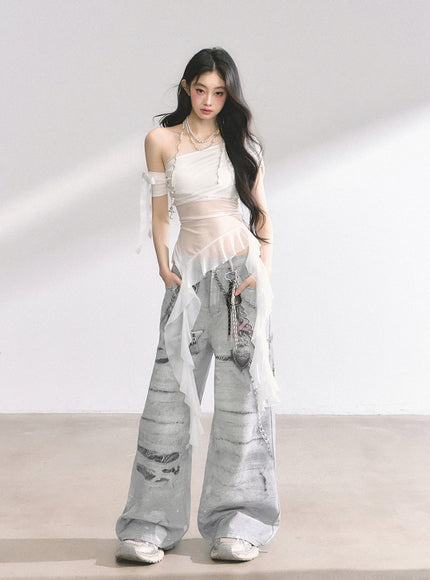 White Sheer Layered Off-Shoulde Top