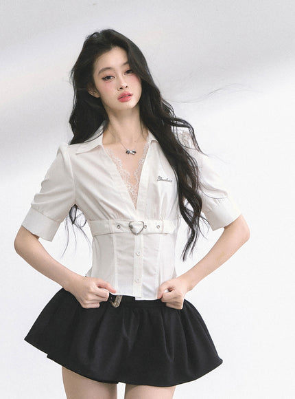 Heart Buckle Stripe Blouse - White