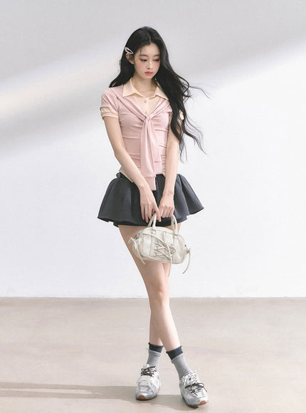 Layered Knit Tie Shirt - Pink