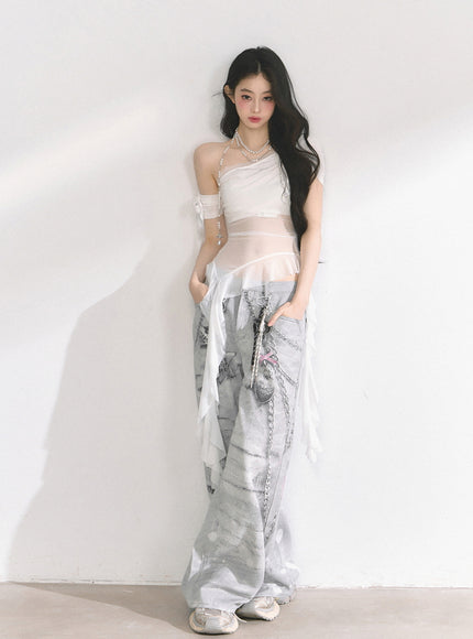 White Sheer Layered Off-Shoulde Top