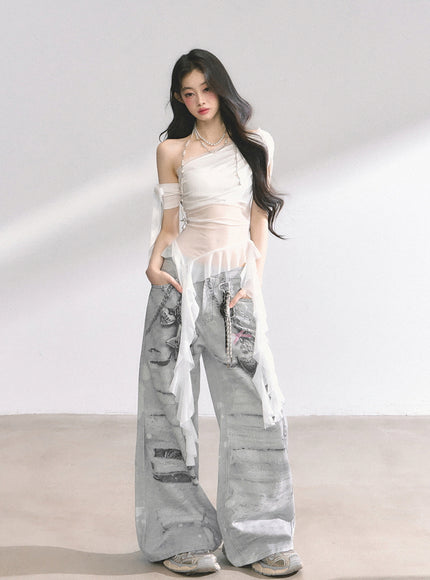 White Sheer Layered Off-Shoulde Top