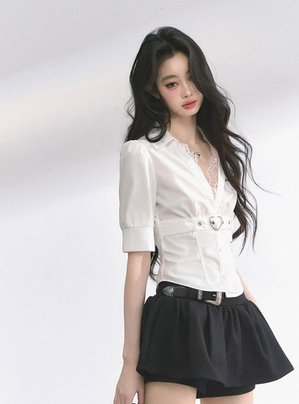 Heart Buckle Stripe Blouse - White