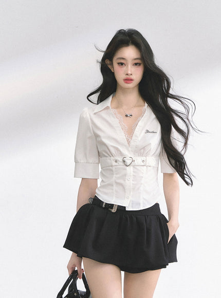 Heart Buckle Stripe Blouse - White