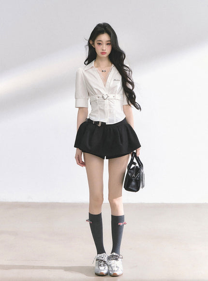 Heart Buckle Stripe Blouse - White