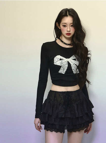 Black Lace-Up Tiered Lace Skirt
