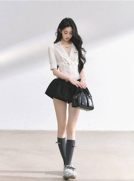 Heart Buckle Stripe Blouse - White