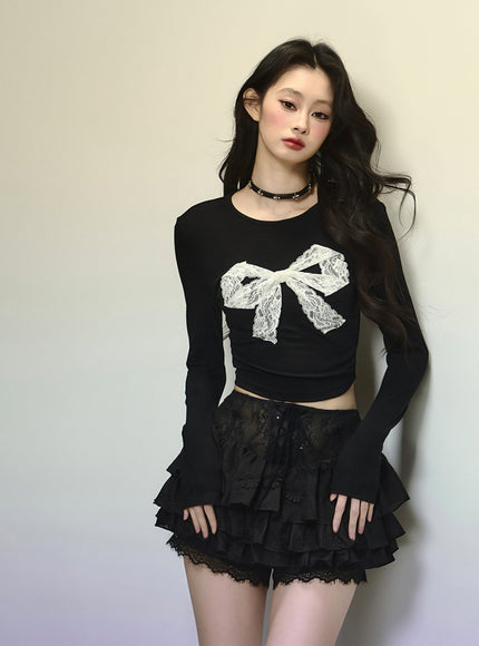 Black Lace-Up Tiered Lace Skirt