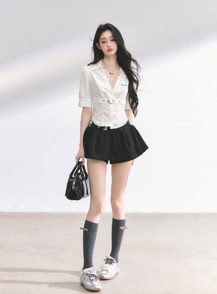 Heart Buckle Stripe Blouse - White