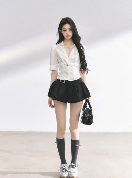 Heart Buckle Stripe Blouse - White